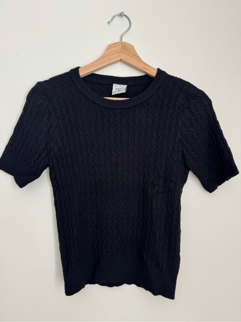 Cielo Black Cable-Knit Short Sleeve Crewneck Sweater